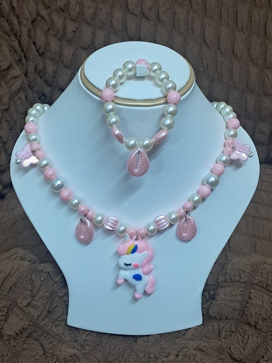 Baby Pink Pearl Beaded Unicorn Necklace and Bracelet Set for Girls