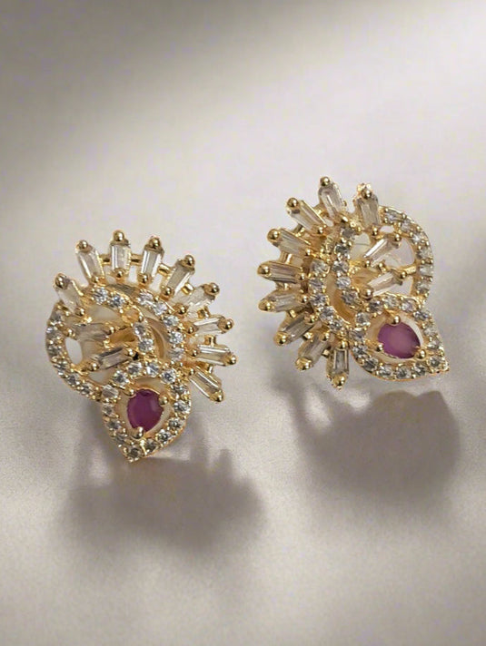 Gold Plated American Diamond Studded Floral Stud Earrings for Women