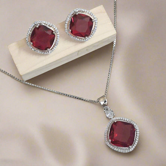Rhodium-Plated Ruby & CZ Studded Pendant Necklace Set