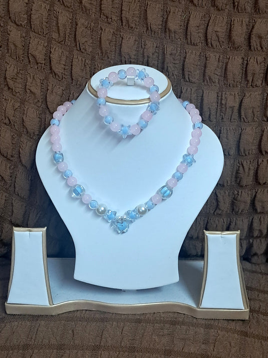 Pink Glass Beads Necklace and Bracelet Set for Girls