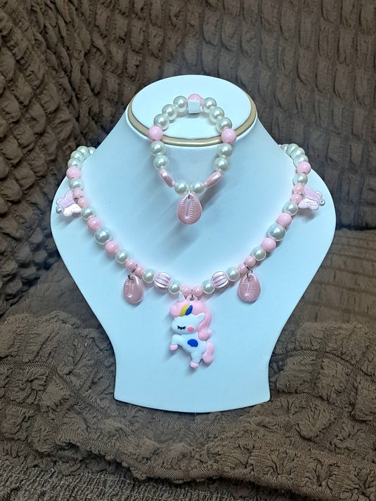 Baby Pink Pearl Beaded Unicorn Necklace and Bracelet Set for Girls