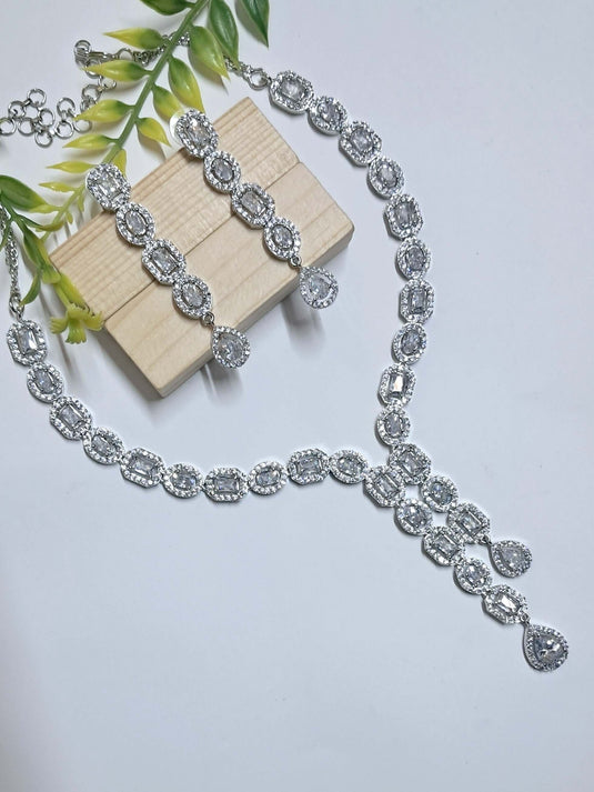 Silver Plated American Diamond Necklace Sets With White Stone - Garimas