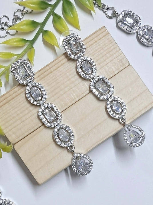 Silver Plated American Diamond Necklace Sets With White Stone - Garimas