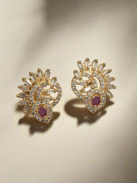 Gold Plated American Diamond Studded Floral Stud Earrings for Women