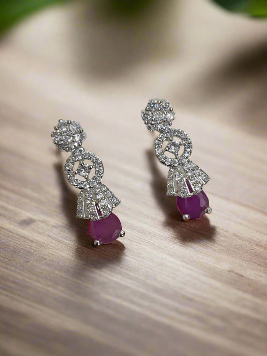 Silver Plated Pink American Diamond Drop Earrings