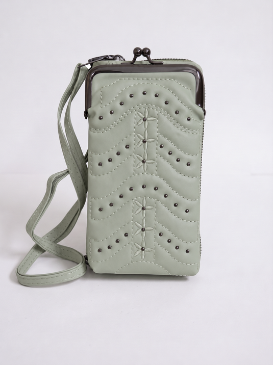 GARIMAS Sage Green Crossbody Faux Leather Sling Bag with Kiss-Lock Mobile Pouch