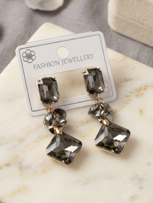 Smoky gray faceted crystal drop earrings with gold-tone setting