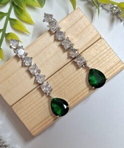 Silver Plated American Diamond Necklace Sets With Green Stone - Garimas