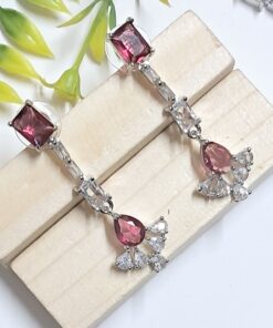 Silver Plated American Diamond Necklace Sets With Pink Stone - Garimas