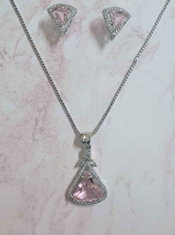 Aqua Pink Pendant Set with Earrings and silver Plated chain - Garimas