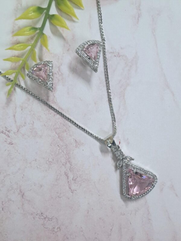 Aqua Pink Pendant Set with Earrings and silver Plated chain - Garimas