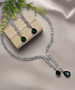 Silver Plated American Diamond Necklace Sets With Green Stone - Garimas