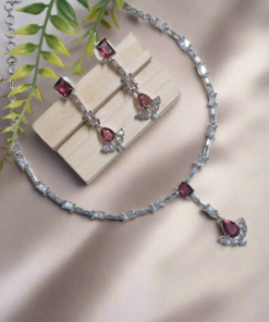 Silver Plated American Diamond Necklace Sets With Pink Stone - Garimas