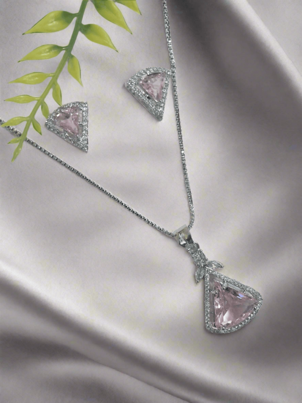 Aqua Pink Pendant Set with Earrings and silver Plated chain - Garimas