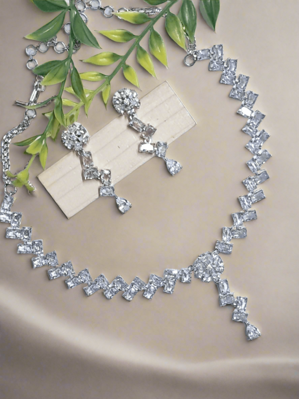 Silver Plated American Diamond Necklace Sets With White Stone - Garimas