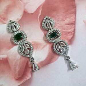Green Stone with American Diamond Drop Earring - Garimas
