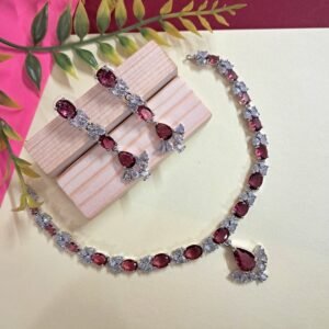 Silver Plated American Diamond Necklace Sets With Pink Stone - Garimas