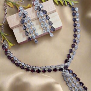 Silver Plated American Diamond Necklace Sets With Purple Stone - Garimas