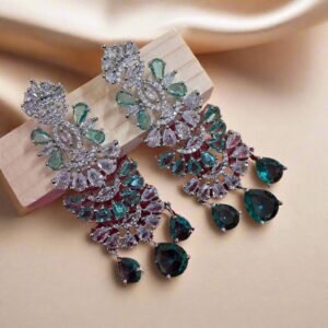 Aqua Green American Diamond Studded Crystal Brass Drops & Danglers - Garimas