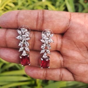 Silver Plated American Diamond Necklace Sets With Red Stone - Garimas