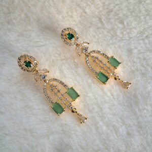 Gold Plated Green Stone with American Diamond Earring - Garimas