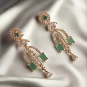 Gold Plated Green Stone with American Diamond Earring - Garimas