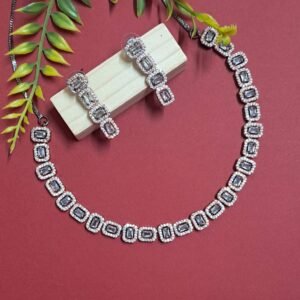 Black Rose Gold Plated American Diamond Necklace Sets With White Stone - Garimas