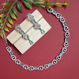 Silver Plated American Diamond Necklace Sets With Aqua Green Stone - Garimas