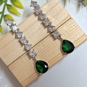 Silver Plated American Diamond Necklace Sets With Green Stone - Garimas