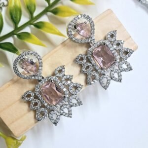 Silver Plated American Diamond Necklace Sets With Aqua Pink Stone - Garimas