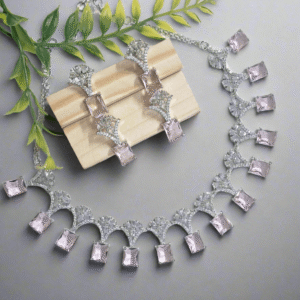 Silver Plated American Diamond Necklace Sets With Aqua Pink Stone | Garimas Lifestyle