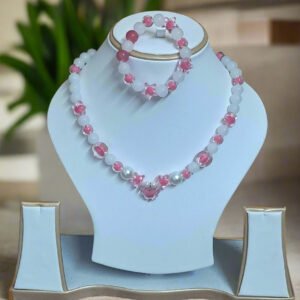 White Pink Glass Beads Necklace and Bracelet Set for Girls | GARIMAS