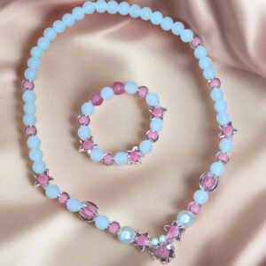 White Pink Glass Beads Necklace and Bracelet Set for Girls | GARIMAS