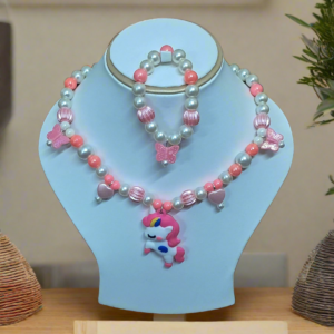Pink Pearl Beaded Unicorn Necklace and Bracelet Set for Girls | GARIMAS