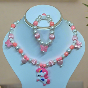 Pink Pearl Beaded Unicorn Necklace and Bracelet Set for Girls | GARIMAS