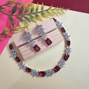 Silver Plated American Diamond Necklace Sets With Red Stone - Garimas