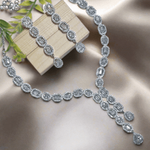 Silver Plated American Diamond Necklace Sets With White Stone - Garimas