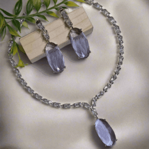 Silver Plated Aqua Purple Stone American Diamond Necklace Sets - Garimas