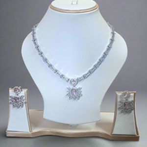 Silver Plated American Diamond Necklace Sets With Aqua Pink Stone - Garimas