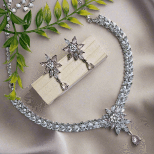 Silver Plated Aqua Pink Stone American Diamond Necklace Sets - Garimas