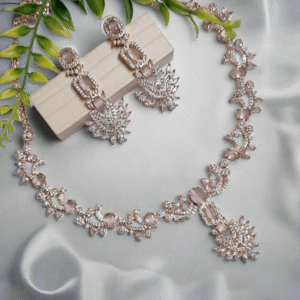 Rose Gold Plated American Diamond Necklace Sets With Pink Stone - Garimas