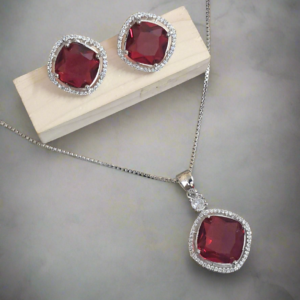 Rhodium-Plated Ruby & CZ Studded Pendant Necklace Set | Garimas Lifestyle