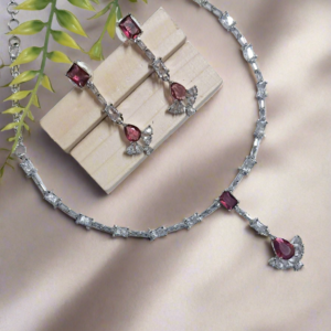 Silver Plated American Diamond Necklace Sets With Pink Stone - Garimas