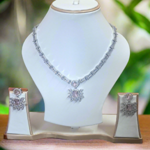 Silver Plated American Diamond Necklace Sets With Aqua Pink Stone - Garimas
