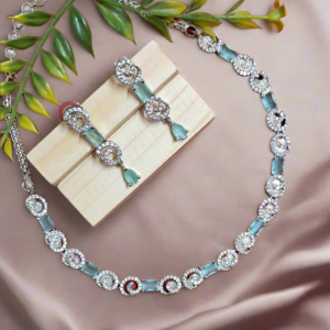 Silver Plated American Diamond Necklace Sets With Aqua Green Stone - Garimas