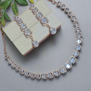 Rose Gold Plated American Diamond Necklace Sets With White Stone - Garimas