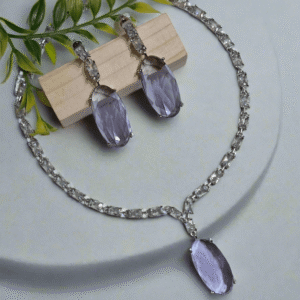 Silver Plated Aqua Purple Stone American Diamond Necklace Sets - Garimas