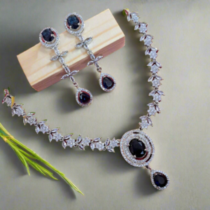 Silver Plated American Diamond Necklace Sets With Blue Stone - Garimas