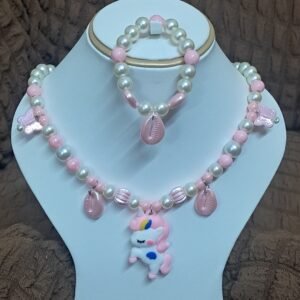 Baby Pink Pearl Beaded Unicorn Necklace and Bracelet Set for Girls | GARIMAS