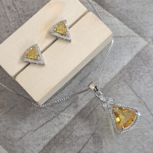 Pendant Set  CZ Studded and silver Plated chain Aqua yellow | Garimas Lifestyle